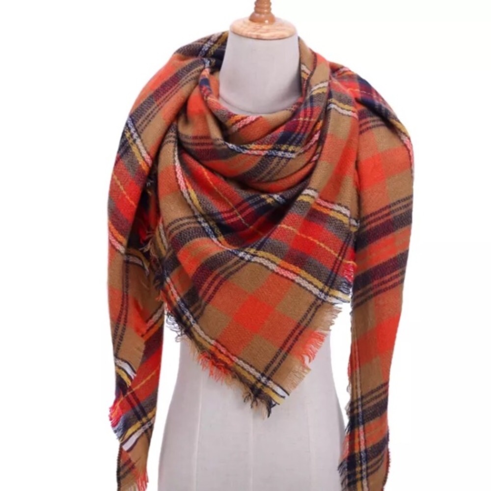 Orange Yellow Black Plaid Triangle Scarf Fall New